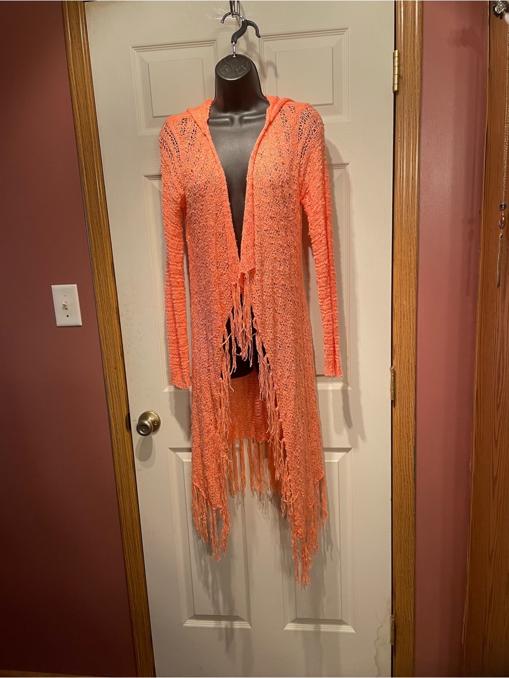 No Boundaries Coral Open-Front Hooded Fringe Cardigan